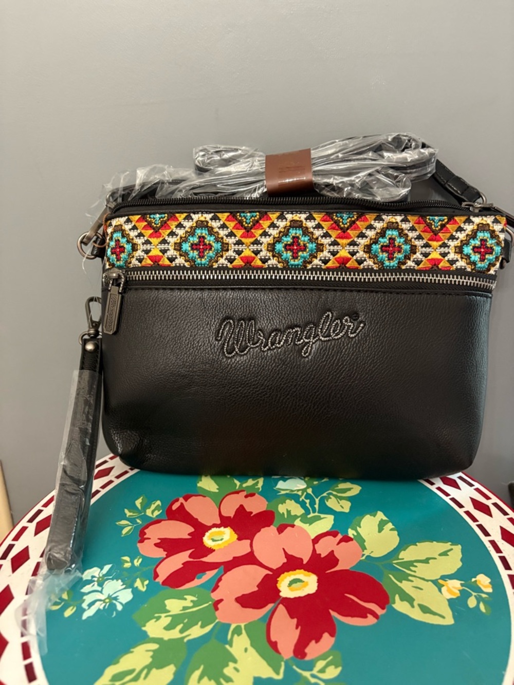 Wrangler Black Crossbody with Multicolor Aztec Embroidery